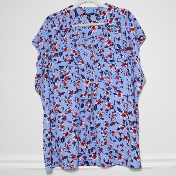Roz & Ali Americana Popover Floral Blouse Red Blue Bloomcore Flowy Top Size 3X - Picture 1 of 5